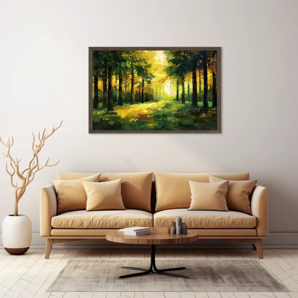 Golden Sunlit Forest: Impressionist Autumn Landscape Poster