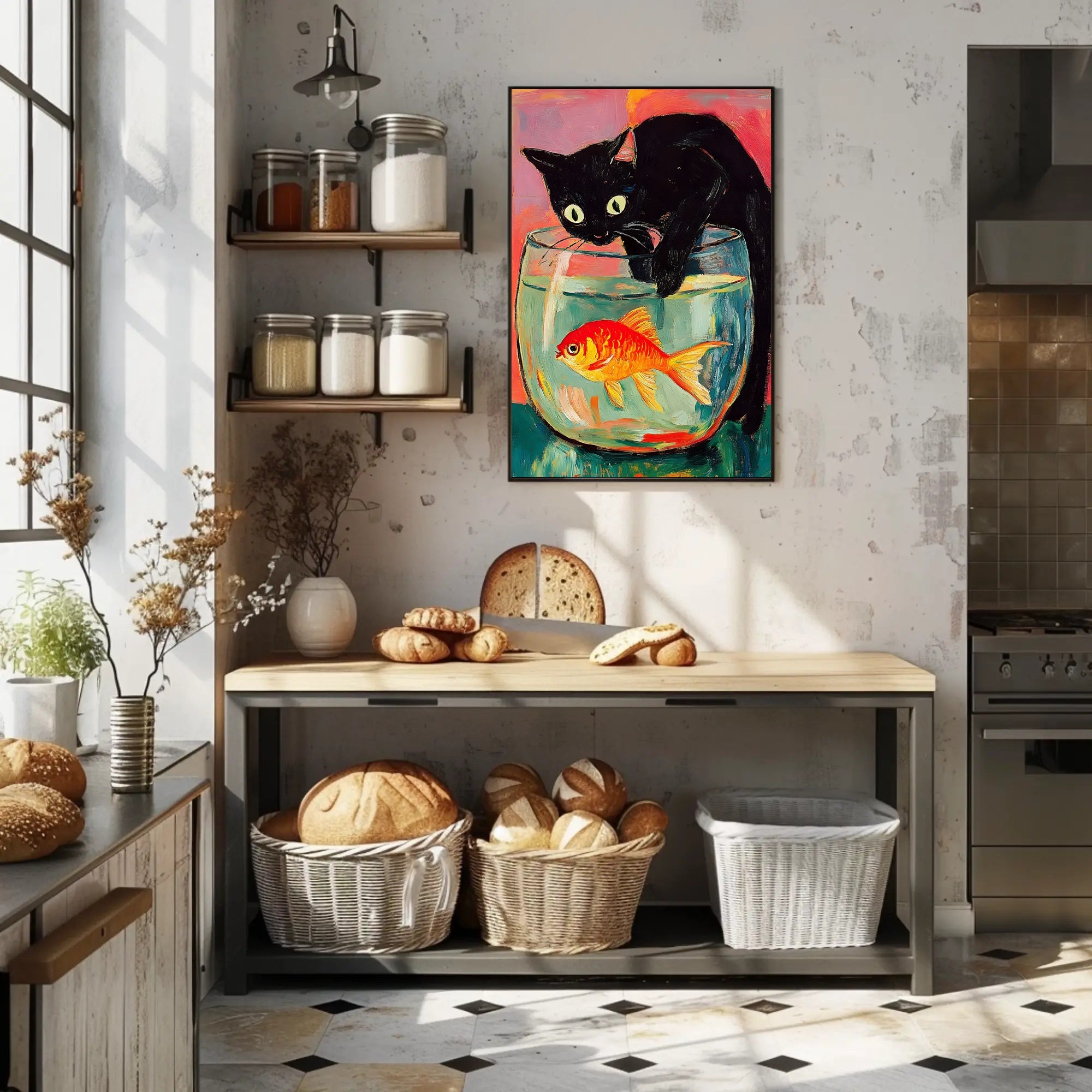 Curious Cat And Goldfish Poster Colorful Art Print