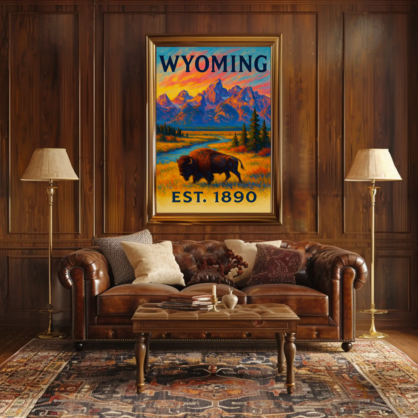 Wyoming Bison Mountains Sunset Vibrant Scenic Travel Poster