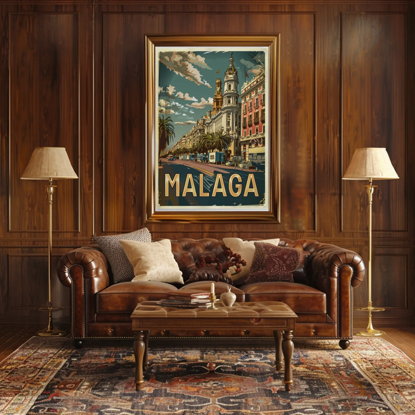 Malaga Urban Cityscape with Palm-Lined Boulevard Travel Poster