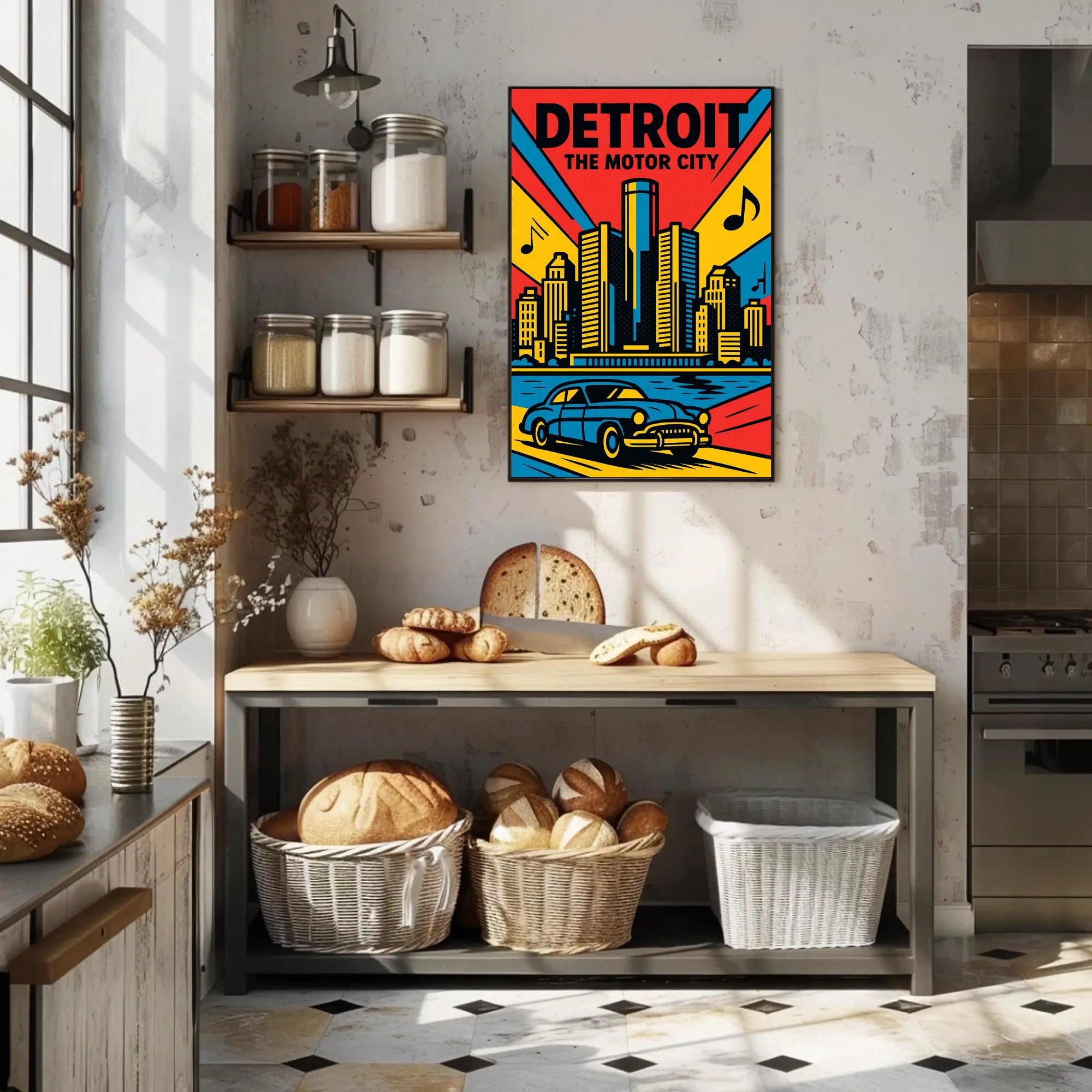 Detroit Skyline Classic Car Vibrant Urban Cityscape Poster