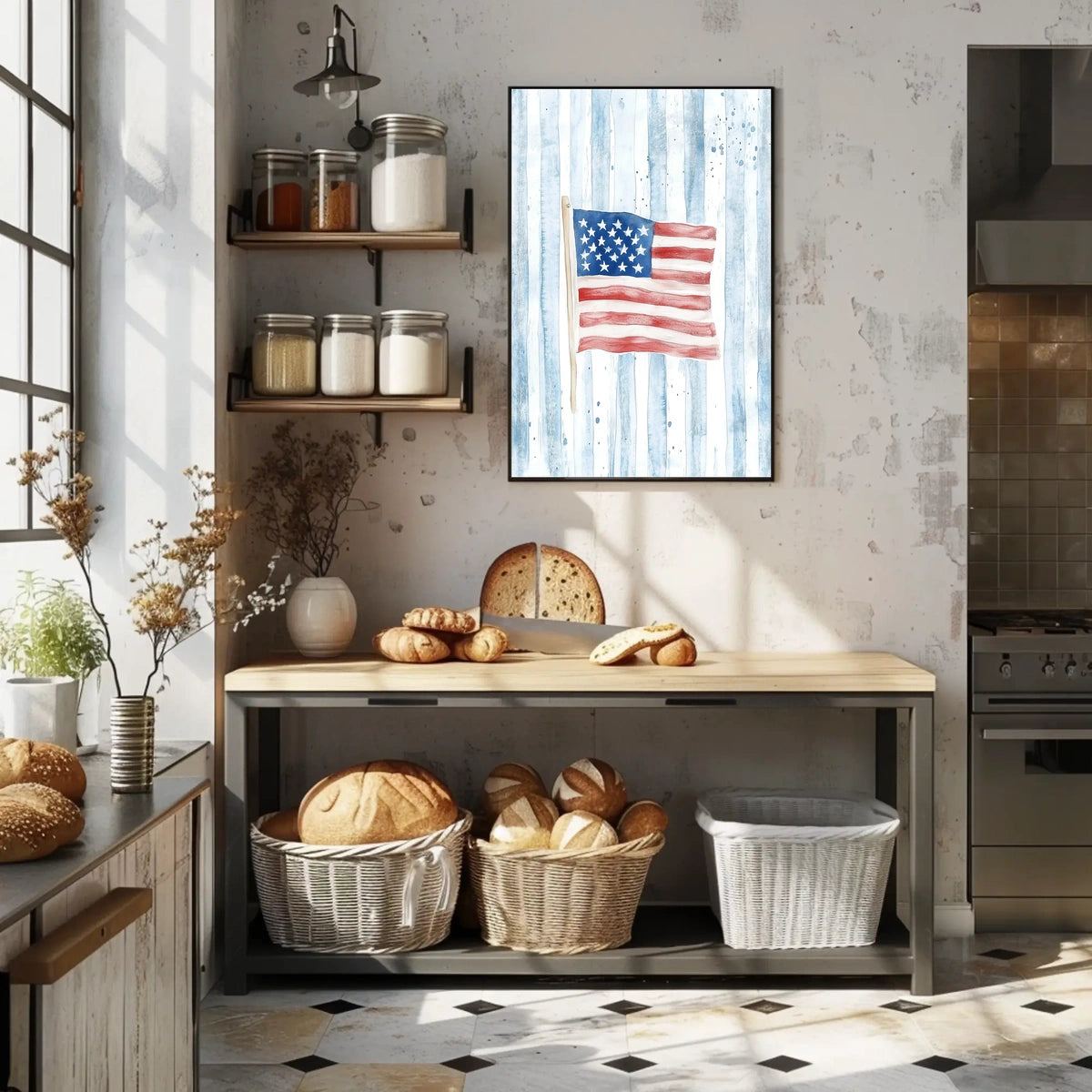 Watercolor Kitten In Basket With American Flag Poster