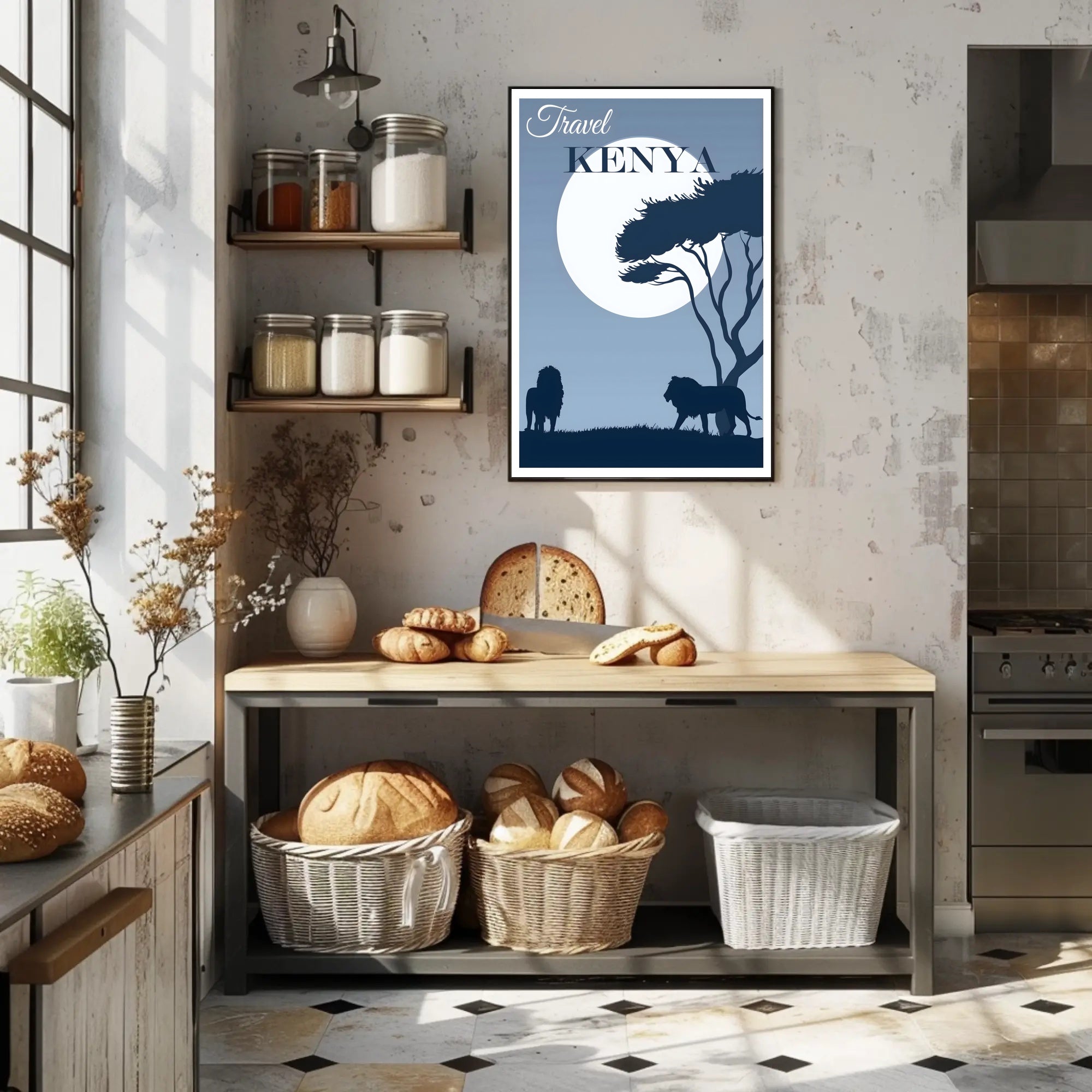 Kenya Silhouette Travel Print with Majestic Lions and Moonlight