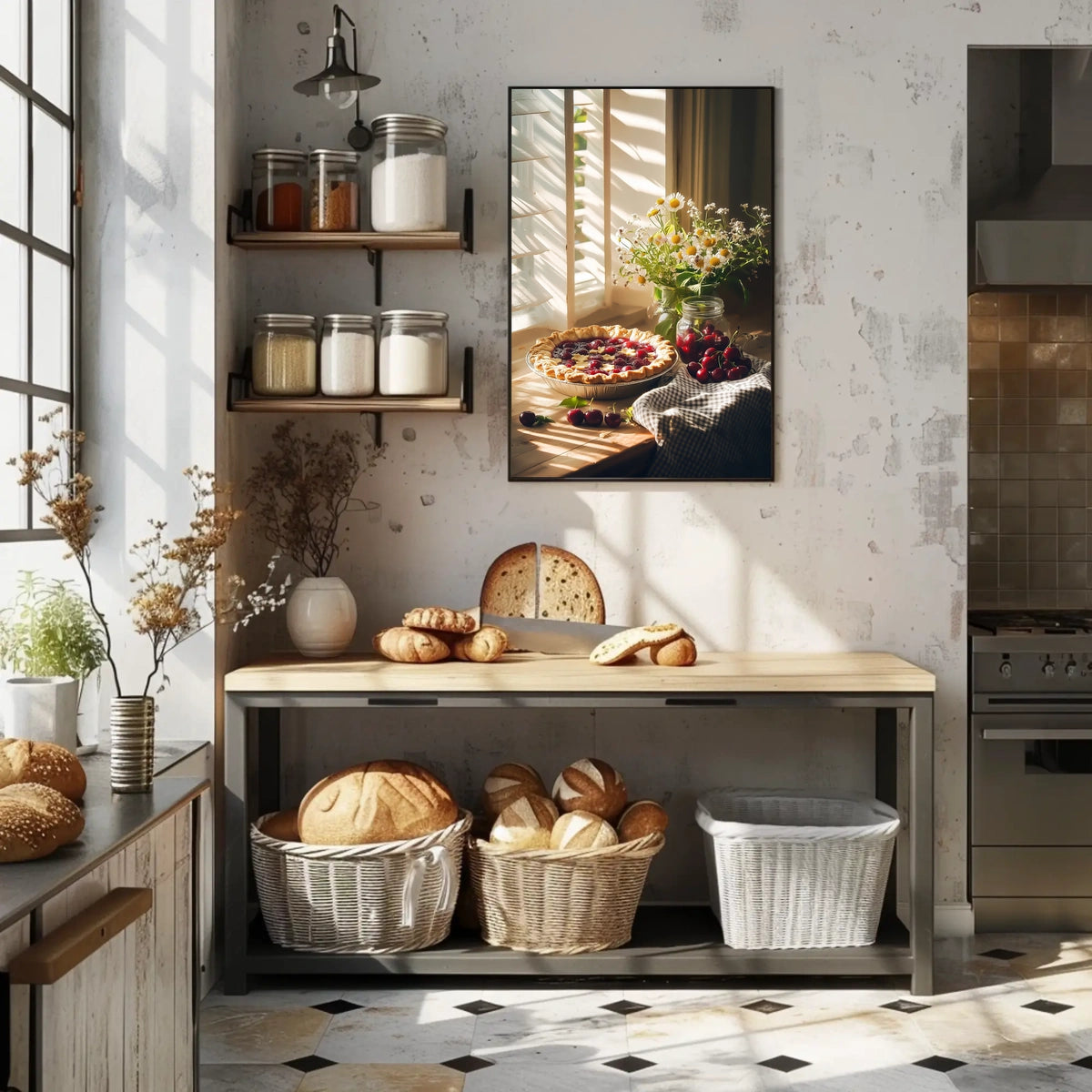 rustic kitchen counter with cherry pie Poster