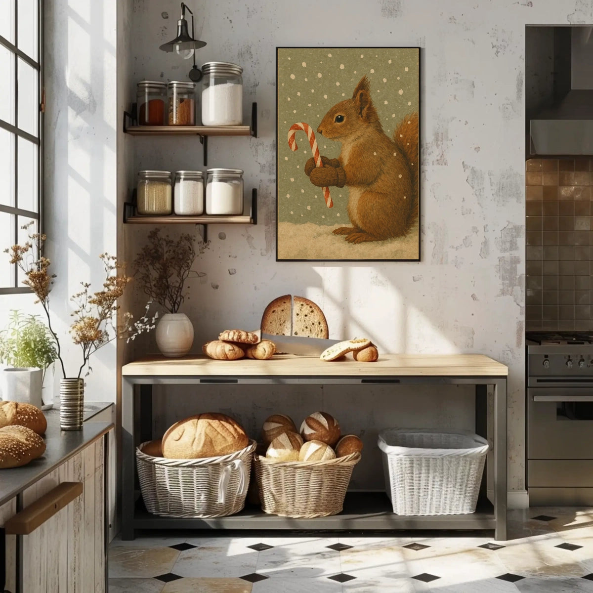 Winter Squirrel with Candy Cane Poster