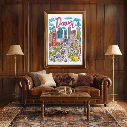 Denver Colorado Cityscape Mountain Backdrop Travel Poster