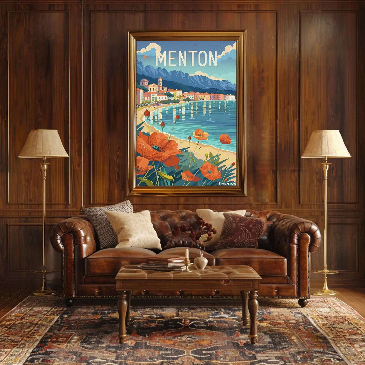 Menton France Beachfront Flowers Coastal Village Scene Travel Poster