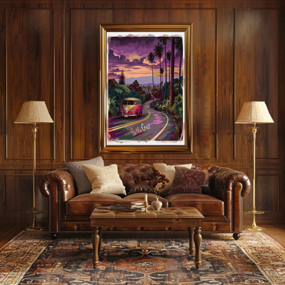 Santa Cruz Sunset Road VW Van Retro Travel Poster