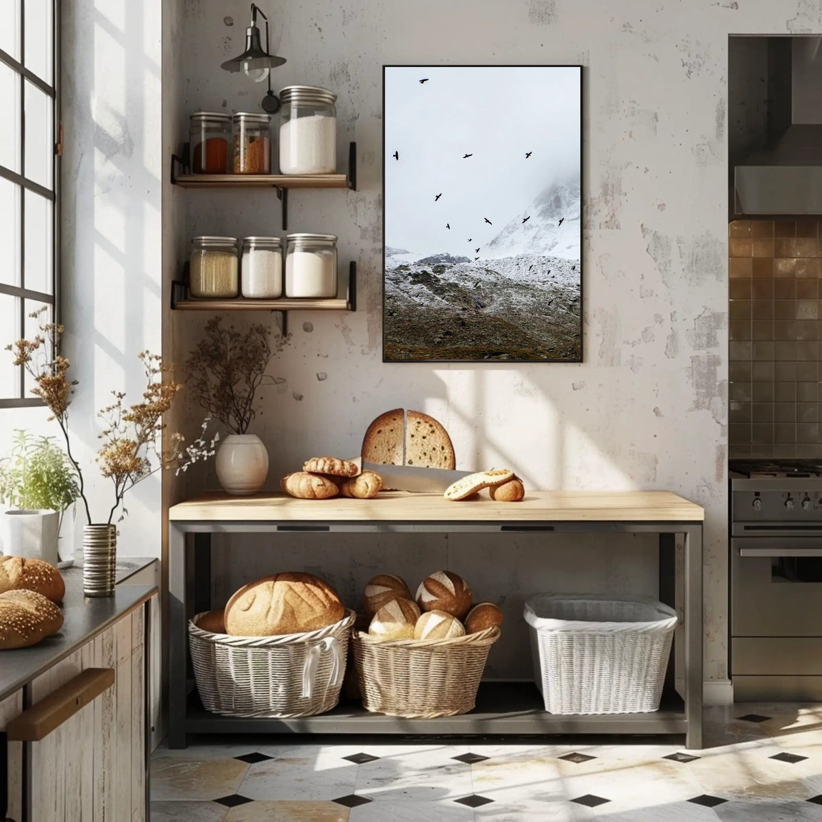 Birds In Flight Over Snowy Peaks Poster