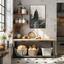 Mysterious Cloaked Figure in Foggy Terrain Fantasy Poster PosterGoat