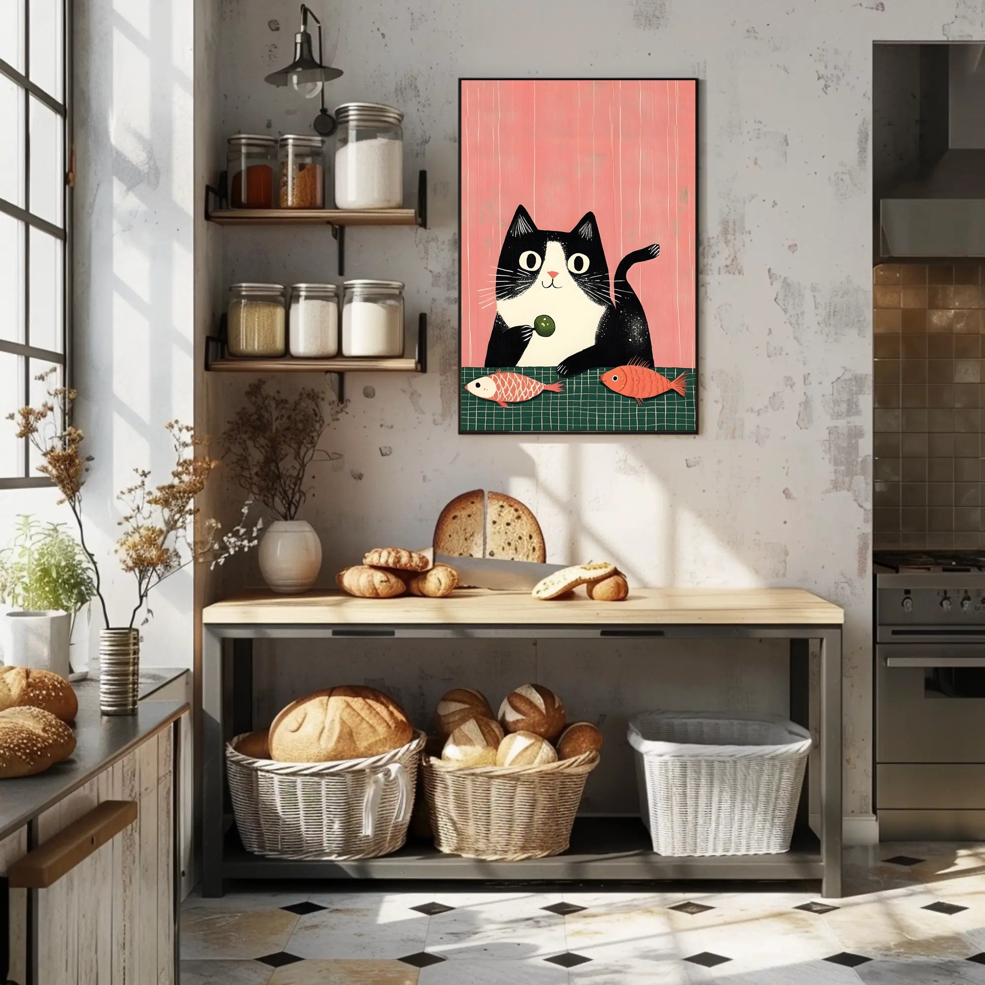 Cat Poster Whimsical Cat And Fish Wall Art Print