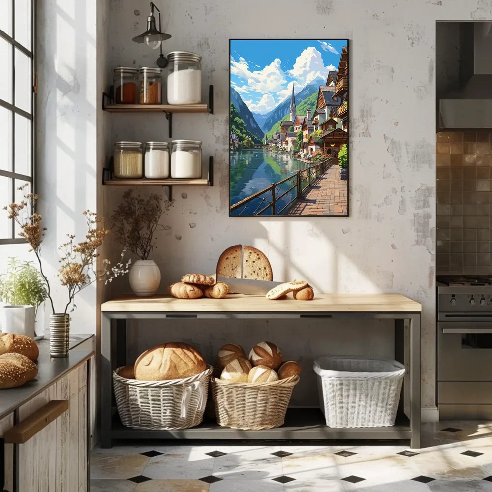 Picturesque European Lakeside Village Art Poster