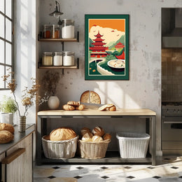 Title: Serene Asian Landscape with Culinary Fusion Poster