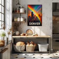 Denver Skyline Rainbow Minimalist Digital Painting Travel Urban Landscape Poster