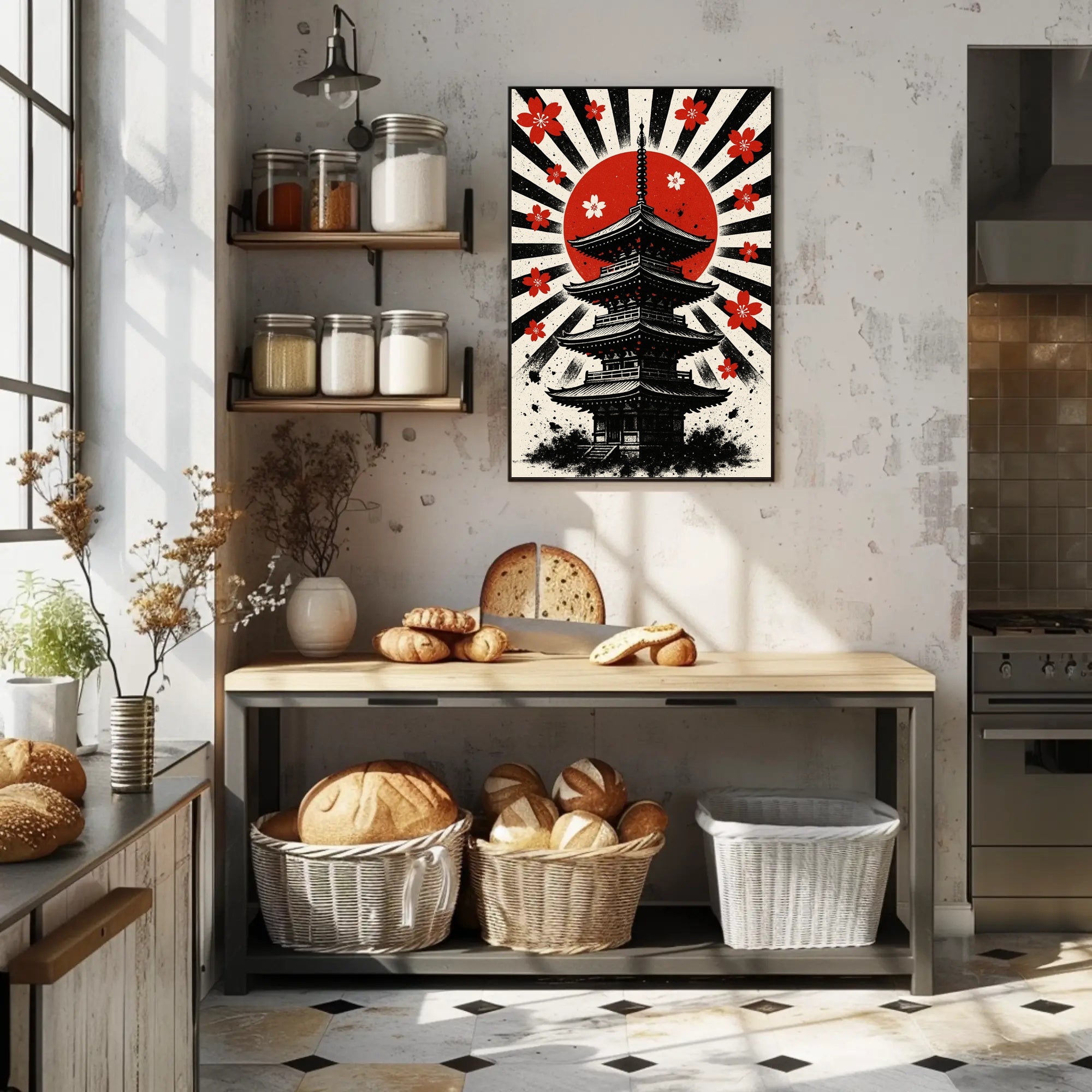 Rising Sun Pagoda Art Print Poster for Home Decor and Travel Enthusiasts PosterGoat