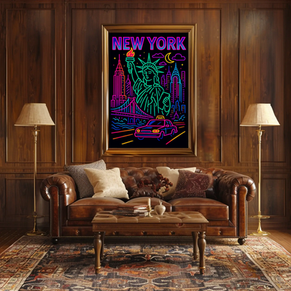 New York Neon Skyline Liberty Taxi Night Lights Travel Poster