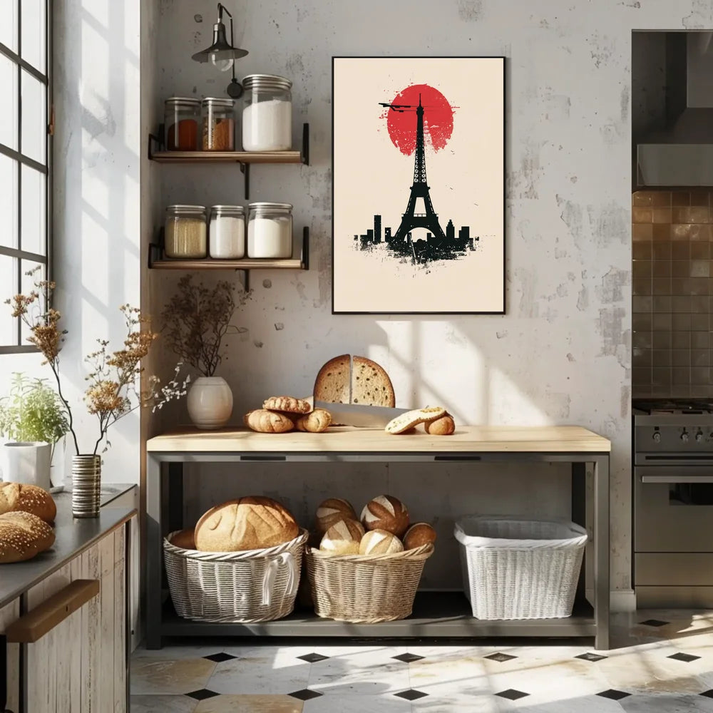 The poster features a stylized depiction of the Eiffel Tower in silhouette against Travel Poster