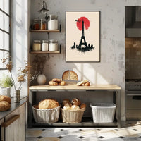 The poster features a stylized depiction of the Eiffel Tower in silhouette against Travel Poster