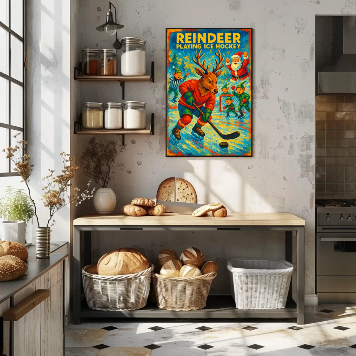 Reindeer Playing Ice Hockey Poster