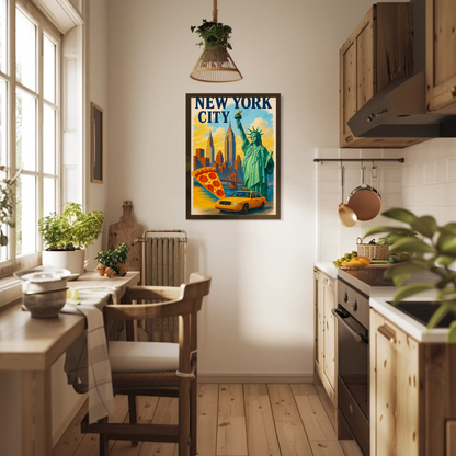 New York City Pizza Taxi Skyline Vintage Travel Poster
