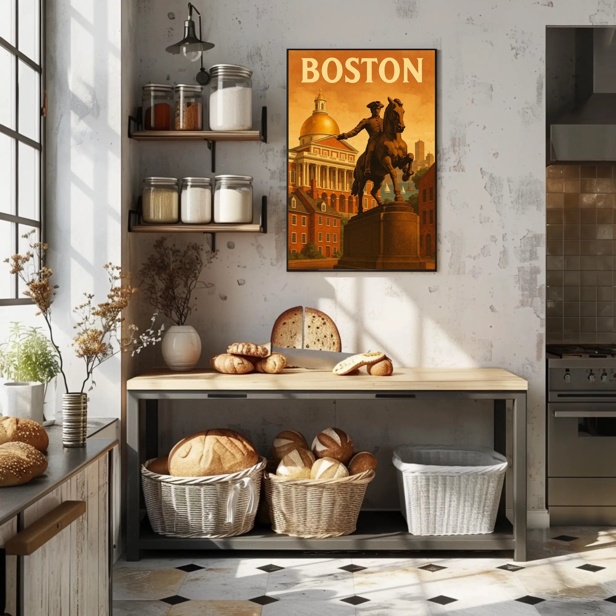 Boston's Grandeur: Equine Statue with State House Travel Poster