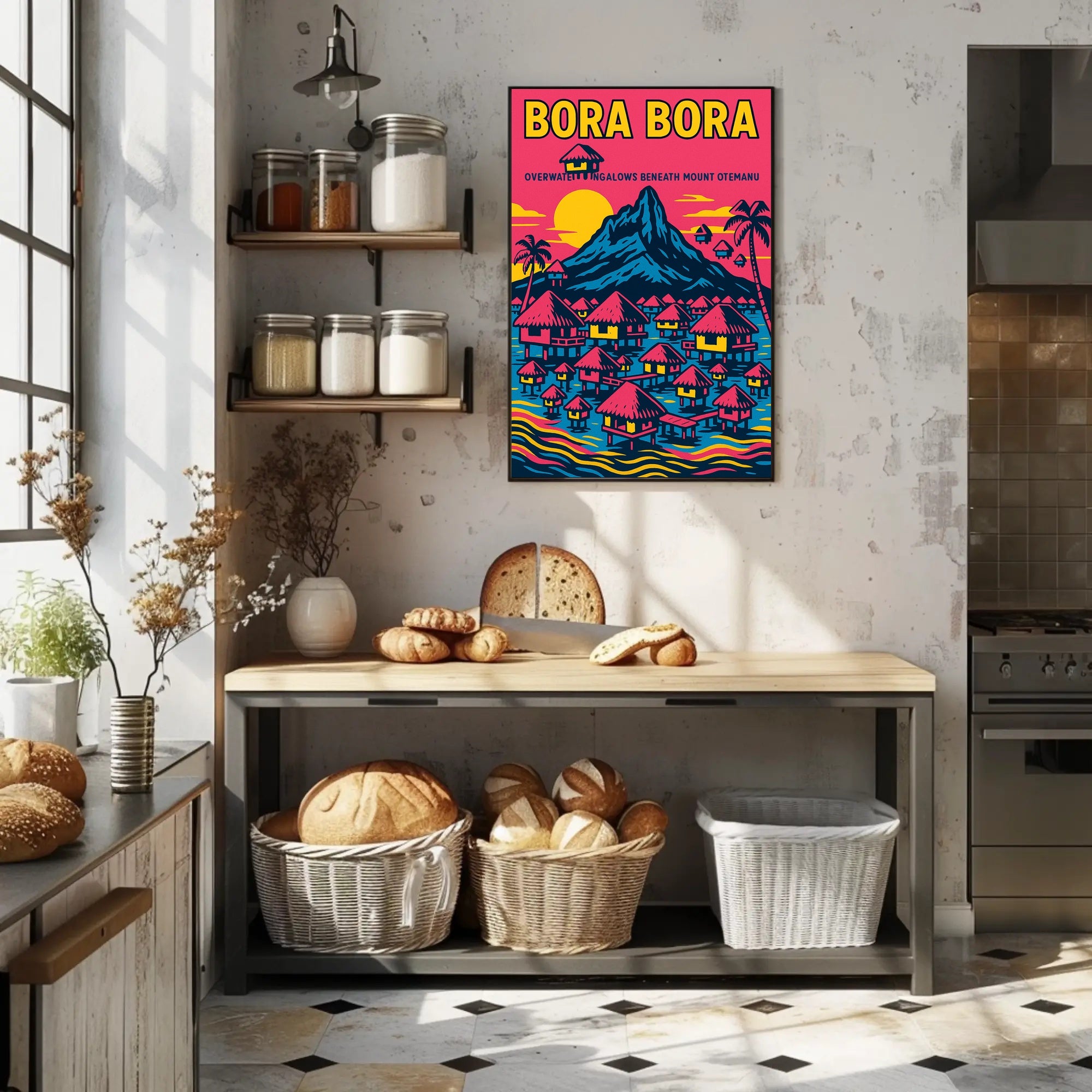 Bora Bora Vintage Travel Poster with Iconic Overwater Bungalows PosterGoat