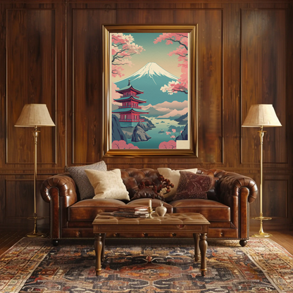 Japan Fuji Lake Pagoda Sakura Canoe Trees Travel Poster