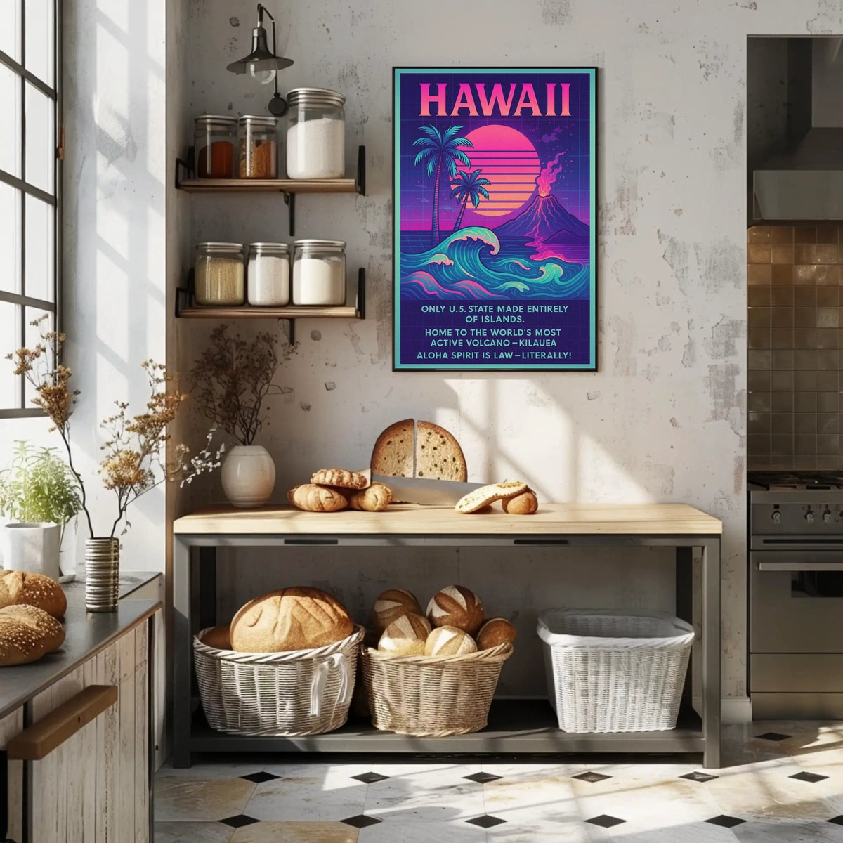 The poster centers on Hawaii, emphasizing its unique geographical and cultural attributes. The Travel Poster