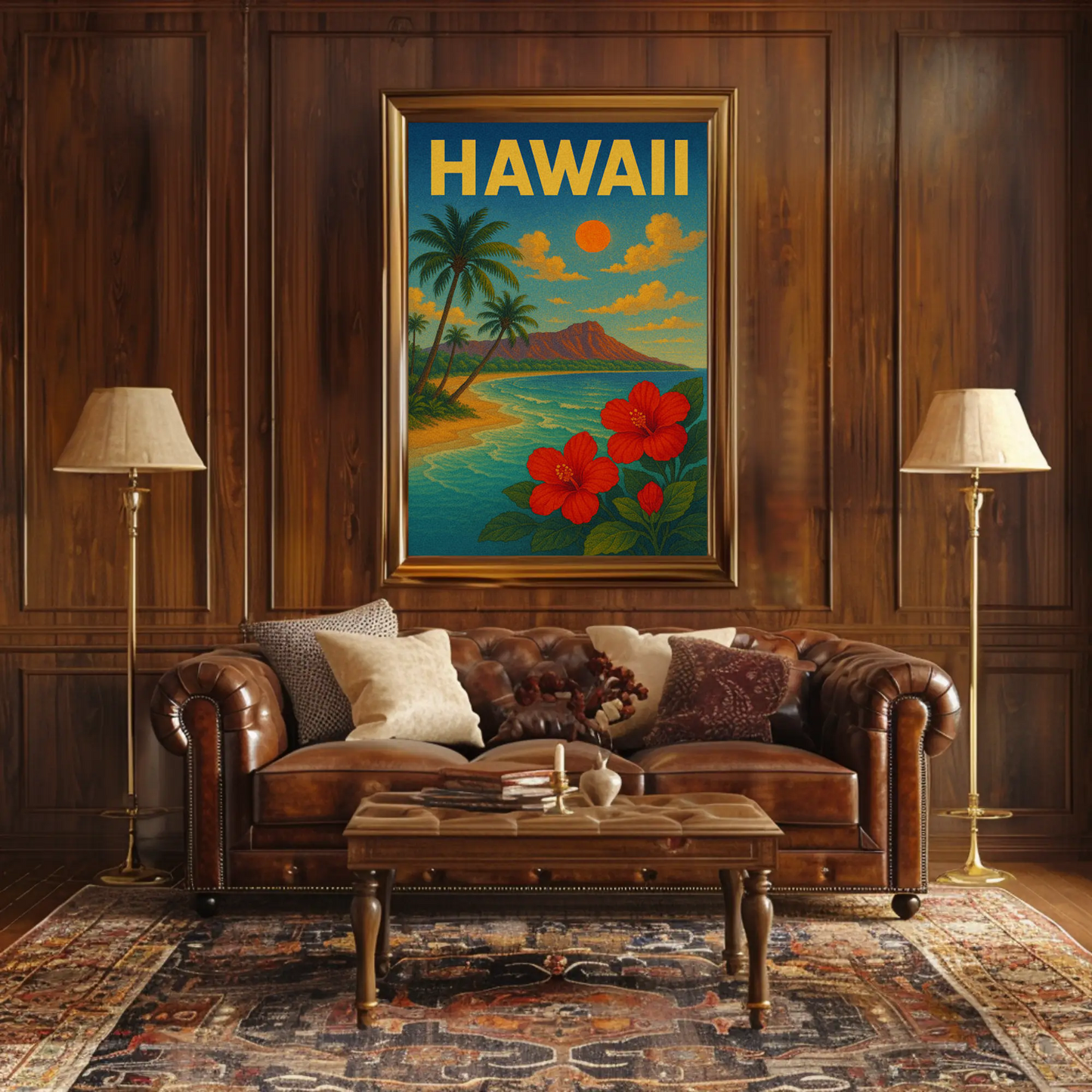 Hawaii Sunset Coastline Hibiscus Beach Travel Poster