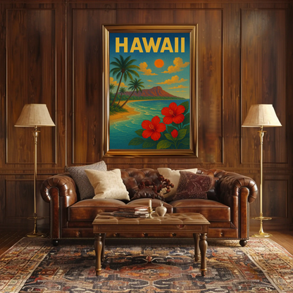 Hawaii Sunset Coastline Hibiscus Beach Travel Poster