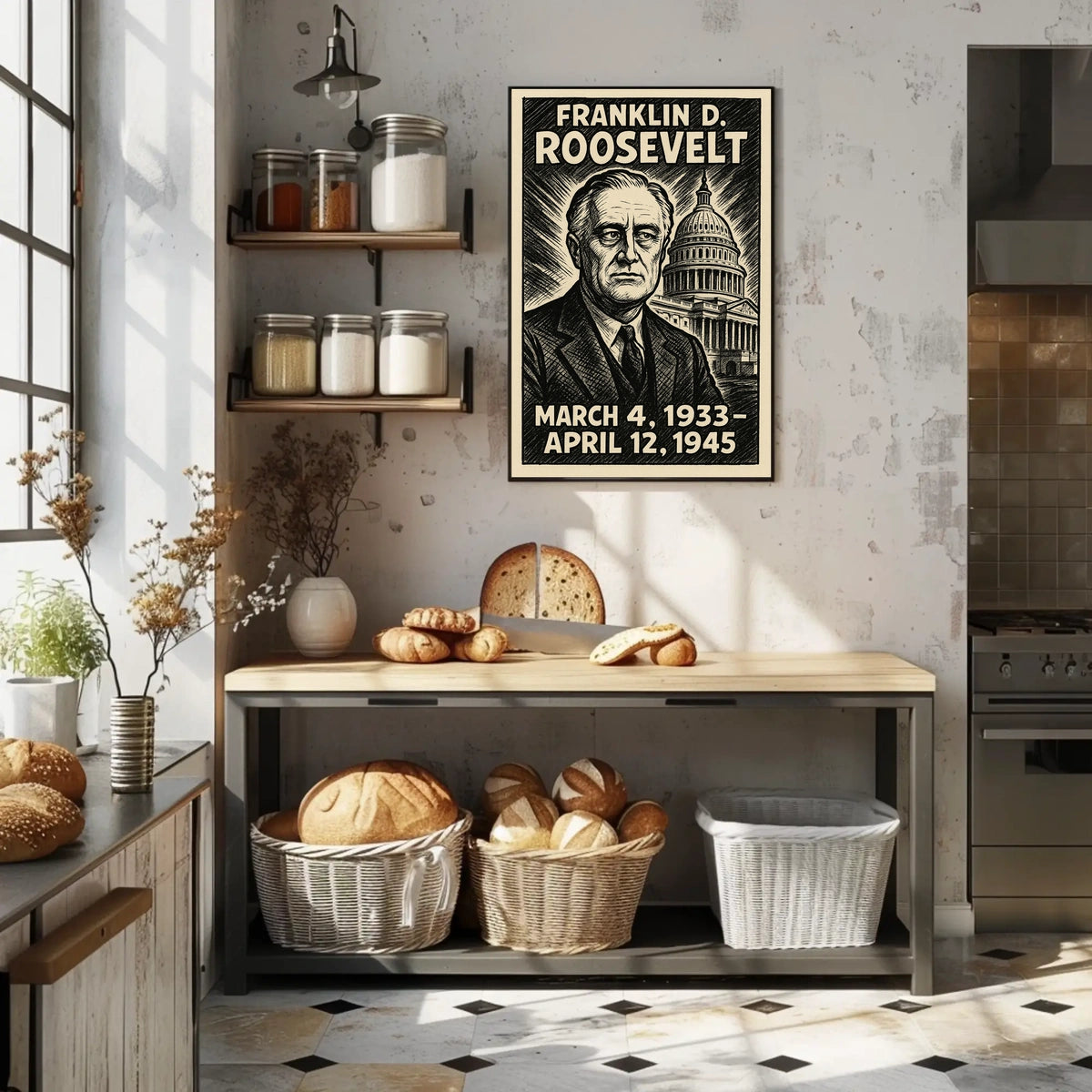 Franklin D. Roosevelt 32nd President of the United States B & W Comic Sketch Poster