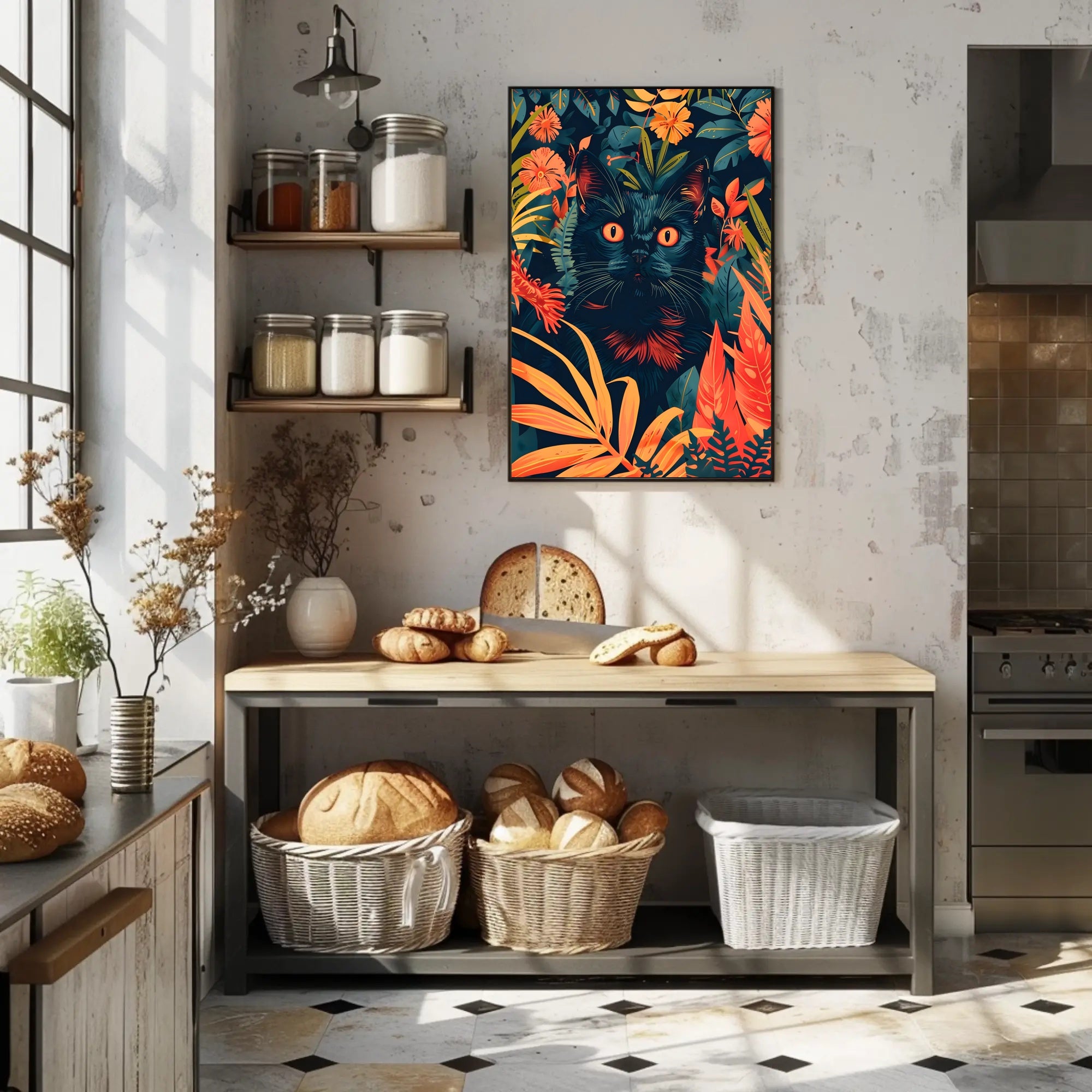 Striking Black Cat in Vibrant Jungle Animal Poster