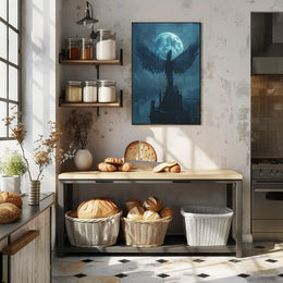 Ethereal Gothic Cityscape with Winged Silhouette Fantasy Poster