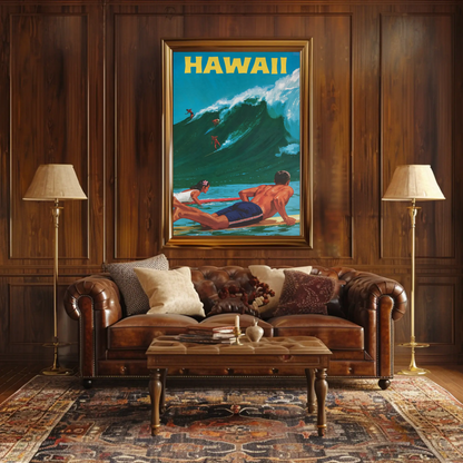 Hawaii Surfers Riding Giant Wave Ocean Travel Poster