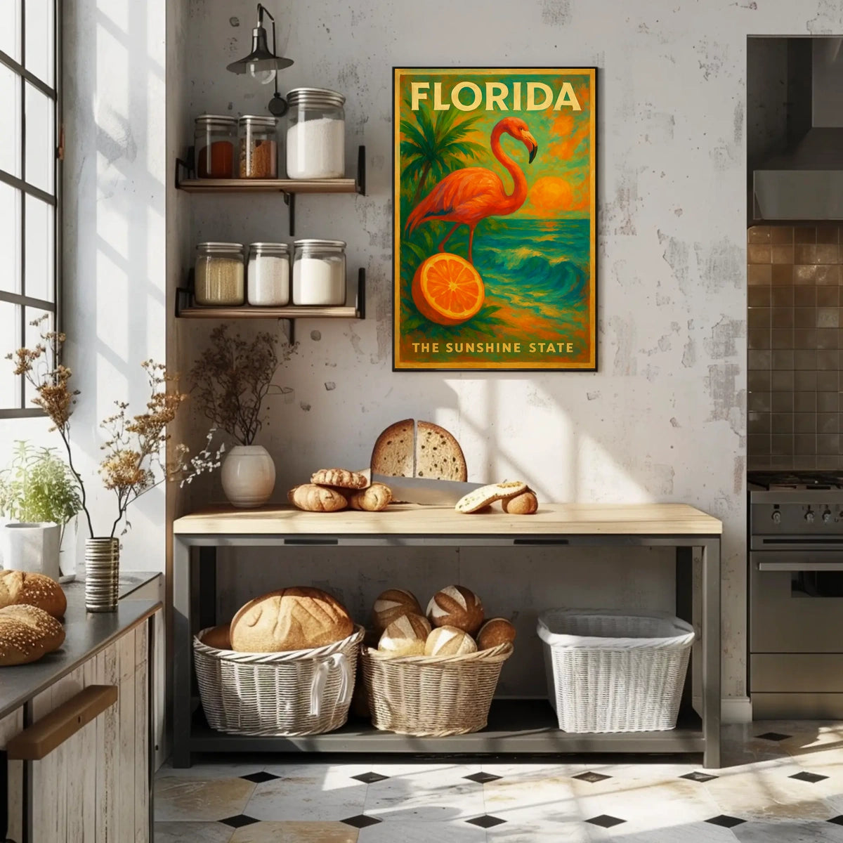 Florida Sunset Flamingo Poster For Beach Decor Vibe