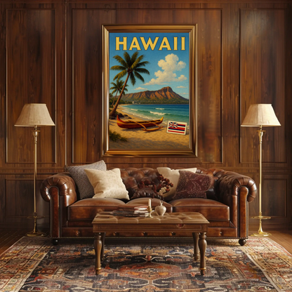 Hawaii Diamond Head Canoe Beach Flag Poster