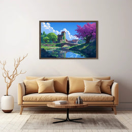 Serene Countryside Bridge and Cottage Art Poster