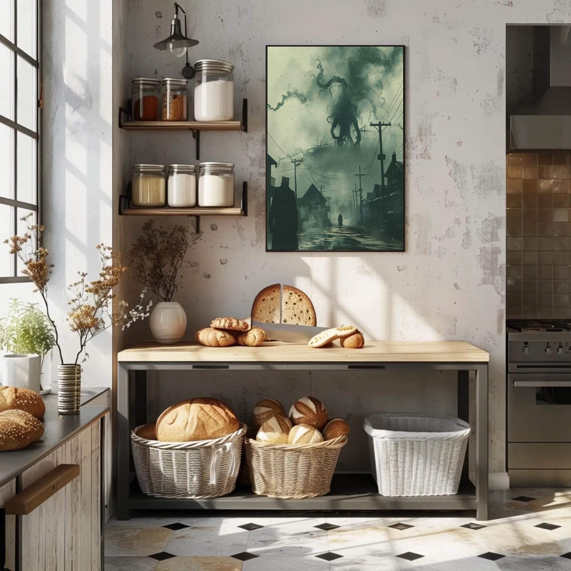 Dark Victorian Town with Tentacled Creature Fantasy Poster PosterGoat
