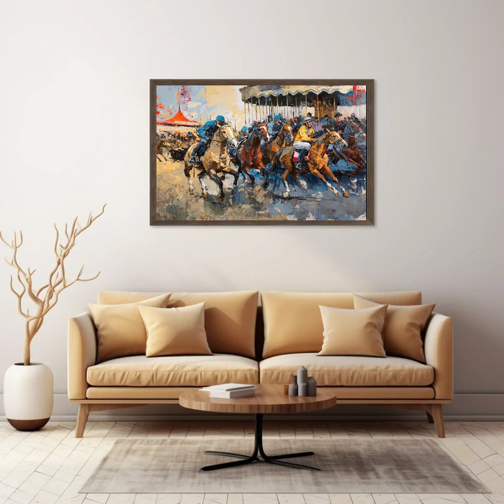 Dynamic Horse Racing Scene: Impressionistic Art Poster