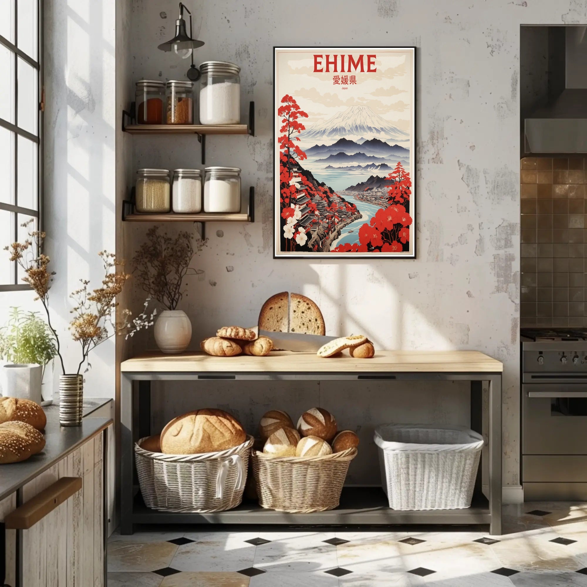 Stylized Traditional Ehime Japan Landscape Art Travel Poster