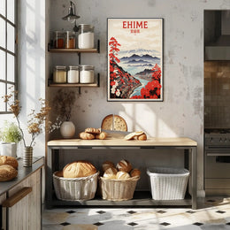 Stylized Traditional Ehime Japan Landscape Art Travel Poster