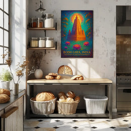 Bodh Gaya Spiritual Enlightenment Poster with Lotus Flowers
