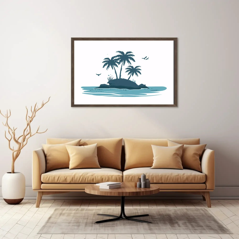 Serene Island Silhouette Modern Blue Art Poster