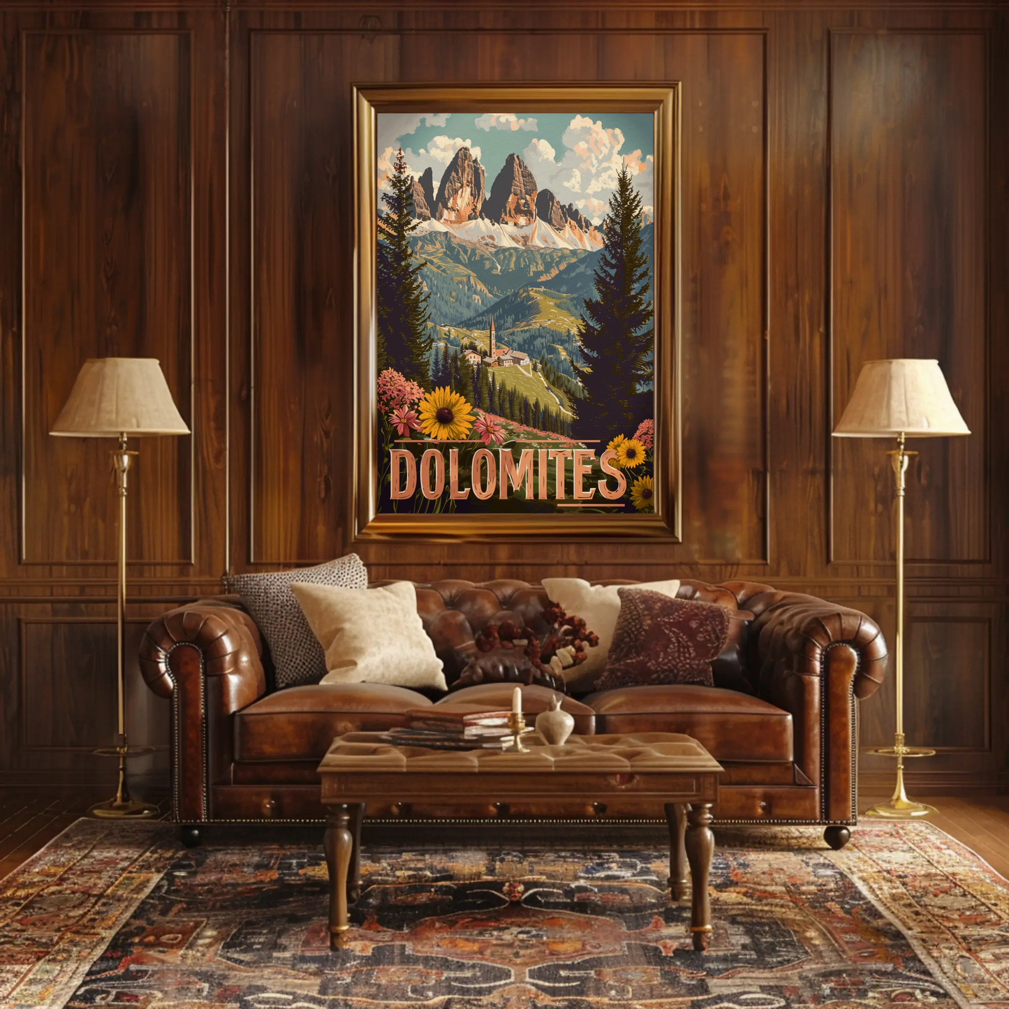 Dolomites Village Flower Meadow Travel Poster