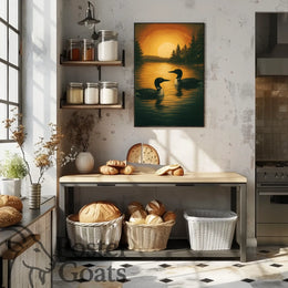 Serene Lake Scene with Loons and Sunset - Animal Poster