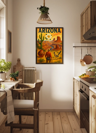Arizona Desert Cowboy Saguaro Sunset Vintage Travel Poster