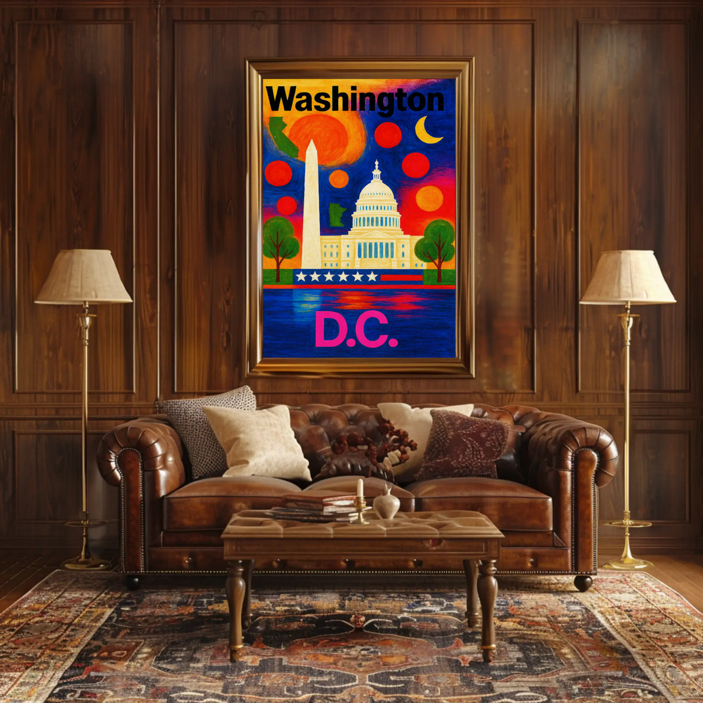 Washington DC Capitol Monument Colorful Night Travel Poster