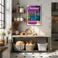 Cincinnati The Queen City Vintage Illustration Bridge Poster