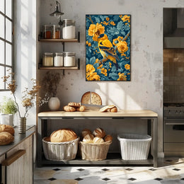 Golden Songbird Wall Art Amidst Blossoms