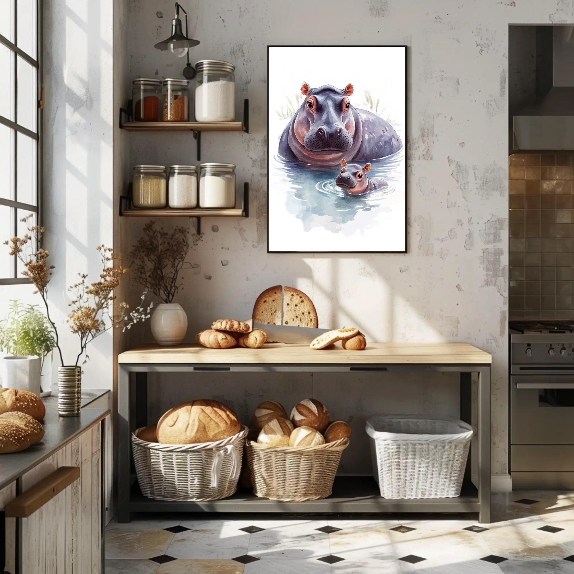 Mother and Baby Hippopotamus Digital Animal Poster